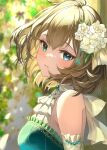  1girl absurdres blurry blurry_background blush bob_cut breasts dress flower green_hair hair_flower hair_ornament heterochromia highres idolmaster idolmaster_cinderella_girls looking_at_viewer medium_breasts mole nyome991 sleeveless sleeveless_dress smile solo takagaki_kaede 