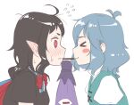  &gt;_&lt; 2girls @_@ black_hair blue_hair blush blush_stickers bow commentary_request ear_blush embarrassed flying_sweatdrops food houjuu_nue karakasa_obake kitano_(kitanosnowwhite) medium_hair multiple_girls pocky pocky_day pocky_kiss pointy_ears profile purple_umbrella shared_food sweat sweating_profusely tatara_kogasa touhou umbrella upper_body yuri 