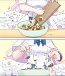  1girl angel_wings blue_archive blurry bowl c/h cake commentary cutting_board depth_of_field english_commentary feathered_wings food highres long_hair mika_(blue_archive) out_of_frame pink_hair school_uniform scrunchie solo swiss_roll tea_leaves white_wings wings wrist_scrunchie 