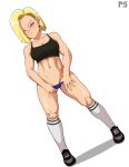  1girl abs absurdres android_18 blonde_hair blue_eyes blue_panties breasts cleavage commentary dragon_ball dragon_ball_z dutch_angle earrings english_commentary frown full_body groin hair_over_one_eye highres jewelry kneehighs medium_breasts medium_hair muscular muscular_female navel panties panty_pull pumpkinsinclair shoes sneakers socks solo sports_bra underwear watermark 