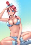  1girl absurdres arm_up bangs bare_arms bikini blue_eyes boots breasts closed_mouth collarbone commentary_request eyelashes hadairo_rainbow hair_between_eyes highres large_breasts looking_at_viewer navel pokemon pokemon_(game) pokemon_bw red_hair salute shiny_skin sitting skyla_(pokemon) smile solo spread_legs swimsuit 