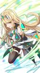 1girl absurdres bangs bare_shoulders black_pantyhose blonde_hair breasts chest_jewel dress earrings elbow_gloves gloves highres holding holding_sword holding_weapon jewelry karuushi large_breasts long_hair looking_at_viewer mythra_(massive_melee)_(xenoblade) mythra_(xenoblade) pantyhose short_dress solo super_smash_bros. swept_bangs sword thigh_strap tiara very_long_hair weapon white_dress white_gloves xenoblade_chronicles_(series) xenoblade_chronicles_2 yellow_eyes 