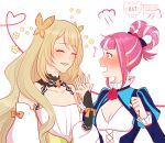 2girls artist_name bangs blood blush breasts butterfly_hair_ornament celine_(fire_emblem) cleavage closed_eyes detached_sleeves dress fire_emblem fire_emblem_engage hair_ornament hair_rings highres holding_hands hortensia_(fire_emblem) katarina_neko long_hair multicolored_hair multiple_girls open_mouth pink_eyes pink_hair small_breasts twitter_username two-tone_hair upper_body very_long_hair yuri 