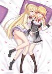  2girls absurdres ahoge arihara_nanami arm_around_waist ass_peek assertive_female bangs bed_sheet black_socks blonde_hair blush bow bowtie breast_press breasts center_frills color_connection commentary_request crossover double_bun elih_(nfslyy) embarrassed feet frilled_skirt frills grey_skirt hair_between_eyes hair_bun hair_color_connection half_updo hamidashi_creative hand_on_another&#039;s_stomach head_on_pillow highres hug izumi_hiyori jacket knees_together_feet_apart large_breasts legs long_hair long_legs long_sleeves looking_at_another lying miniskirt multiple_girls no_shoes on_back on_side open_clothes open_jacket open_mouth panties pantyshot petals plaid plaid_skirt pleated_skirt purple_sweater_vest red_bow red_bowtie red_eyes riddle_joker round_teeth school_uniform shirt sidelocks skirt socks straight_hair sweater_vest symmetrical_docking teeth thighs toes two_side_up underwear upper_teeth_only very_long_hair wavy_hair wavy_mouth white_panties white_shirt yellow_jacket yuri 