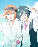  2boys amai_kuro aqua_eyes black_hair black_vest bracelet collared_shirt glasses green_eyes idolmaster idolmaster_side-m iseya_shiki jewelry looking_at_viewer male_focus multiple_boys open_mouth orange_hair red_shirt shirt short_hair short_sleeves sketch smile sweatband v vest wakazato_haruna white_shirt 