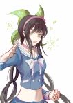  1girl :o absurdres bangs black_hair blue_shirt bow bowtie buttons chabashira_tenko choker clenched_hand danganronpa_(series) danganronpa_v3:_killing_harmony double-breasted green_eyes green_ribbon hair_ribbon hairband hand_up highres long_hair midriff mole mole_under_mouth open_mouth pink_choker pink_hairband ribbon sailor_collar shirt simple_background sixii solo white_background white_bow white_bowtie white_sailor_collar 