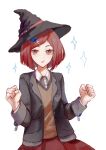  1girl :o absurdres bangs black_headwear black_jacket brown_vest clenched_hands collared_shirt danganronpa_(series) danganronpa_v3:_killing_harmony gem_hair_ornament grey_background grey_shirt hands_up hat highres jacket open_clothes open_jacket open_mouth pleated_skirt red_hair red_skirt shirt short_hair simple_background sixii skirt solo sparkle vest witch_hat yumeno_himiko 