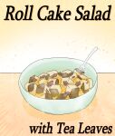  blue_archive bowl c/h cake commentary english_commentary english_text food fork highres no_humans simple_background sparkle swiss_roll tea_leaves yellow_background 