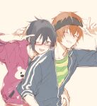  2boys amai_kuro aqua_eyes black_hair blue_jacket closed_eyes glasses green_shirt hood hood_down hoodie hug hug_from_behind idolmaster idolmaster_side-m iseya_shiki jacket long_sleeves looking_at_viewer male_focus multiple_boys orange_hair red_hoodie shirt short_hair sketch striped striped_shirt sweatband v wakazato_haruna white_background yaoi yellow_shirt 