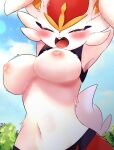 anthro areola big_breasts blush breasts cinderace day eyes_closed female fur generation_8_pokemon hi_res huge_breasts mammal navel nintendo nipples open_mouth pink_areola pink_nipples pokemon pokemon_(species) prrrrrrmine sky solo tail white_body white_fur white_tail 