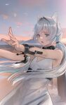  1girl absurdres animal_ears aqua_eyes arknights bare_arms bare_shoulders cat_ears commentary_request dress grey_hair hair_intakes highres long_hair open_mouth outdoors petals rosmontis_(arknights) sleeveless sleeveless_dress solo upper_body very_long_hair welt_(kinsei_koutenkyoku) white_dress 