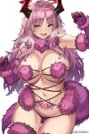  1girl blue_archive breasts cenangam cosplay demon_horns fangs fur_collar fur_trim gloves halo highres horns huge_breasts long_hair mash_kyrielight mash_kyrielight_(dangerous_beast) mash_kyrielight_(dangerous_beast)_(cosplay) mole mole_on_breast navel open_mouth pink_hair pubic_tattoo satsuki_(blue_archive) solo tattoo thick_thighs thighs tongue tongue_out yellow_eyes 