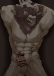  1boy abs armpits arms_behind_head avatar_(ff14) bar_censor bara beard bound bound_wrists brown_fur cat_boy censored chest_hair completely_nude cowboy_hat dog_tags erection facial_hair fangs final_fantasy final_fantasy_xiv furry furry_male groin hat highres hrothgar igarashi_(ff_igarashi) large_pectorals looking_at_viewer male_focus mask mature_male medium_hair muscular muscular_male navel nipples nude pectorals penis solo stomach sweatdrop 