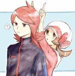  1boy 1girl :o ? arms_up asuka_rkgk blush bow brown_eyes brown_hair cabbie_hat cowlick hat hat_bow index_fingers_raised jacket long_hair looking_up lyra_(pokemon) medium_hair parted_lips pink_bow pink_shirt pokemon pokemon_(game) pokemon_hgss red_hair shirt silver_(pokemon) sleeves_past_elbows spoken_question_mark turtleneck turtleneck_jacket twintails upper_body white_headwear 