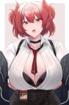  1girl absurdres arknights black_choker breasts choker commentary_request fiammetta_(arknights) hair_between_eyes highres huge_breasts kanta_(kanta_077) looking_at_viewer off_shoulder open_mouth pointy_hair red_eyes red_hair shirt short_hair solo upper_body white_shirt 