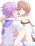  2girls :d arms_around_neck arms_around_waist bare_legs bare_shoulders between_legs blanc_(neptune_series) blue_eyes blush brown_hair choker d-pad d-pad_hair_ornament dress face-to-face hair_between_eyes hair_ornament happy highres hood hooded_jacket hug jacket knees_up long_sleeves looking_at_another medium_hair multiple_girls neptune_(neptune_series) neptune_(series) purple_eyes purple_hair ray_726 short_hair smile spaghetti_strap spread_legs striped striped_thighhighs thighhighs thighs upskirt usb white_choker white_dress yuri 