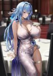  1girl arm_support bare_shoulders blue_eyes blurry blurry_background breasts circlet cleavage cocktail_dress diamond_earrings dress earrings evening_gown feather_hair_ornament feathers fuooooo goddess_of_victory:_nikke gold_bracelet gold_choker hair_ornament helm_(chandelier)_(nikke) helm_(nikke) highres huge_breasts jewelry leaning_back long_hair plunging_neckline satin_dress side_slit silver_dress thigh_strap 