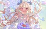  absurdly_long_hair ahoge bangs bare_shoulders bird_girl birthday_cake blonde_hair blue_hair blush bob_cut breasts cake crystal_wings dress enna_alouette flower food frilled_dress frills fruit gear_(gear_990) gradient_hair hair_flower hair_ornament head_wings highres long_hair looking_at_viewer low_twintails macaron multicolored_eyes multicolored_hair nijisanji nijisanji_en official_alternate_costume official_alternate_hairstyle open_mouth pleated_dress puffy_sleeves purple_eyes purple_wings short_hair small_breasts smile strawberry twintails very_long_hair virtual_youtuber white_flower wings yellow_eyes 