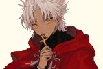  1boy 382 amakusa_shirou_(fate) black_shirt cloak closed_mouth cross cross_necklace dark-skinned_male dark_skin earrings fate/apocrypha fate_(series) formal hood hood_down jewelry male_focus necklace red_cloak shirt short_hair solo turtleneck white_background white_hair yellow_eyes 
