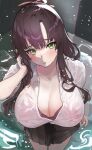  1girl bangs black_skirt blush bra breasts brown_hair cleavage collarbone collared_shirt green_eyes hareno_chiame highres huge_breasts large_breasts long_hair looking_at_viewer original pleated_skirt ponytail purple_bra shirt short_sleeves sidelocks skirt solo thighs underwear wading water wet wet_clothes white_shirt 