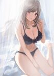  1girl :o absurdres arm_between_legs barefoot bed_sheet black_bra black_panties blush bra breasts brown_hair cleavage collarbone highres idolmaster idolmaster_shiny_colors large_breasts long_hair looking_at_viewer navel panties sitting solo tsukioka_kogane underwear underwear_only ushimo_(dztu8434) very_long_hair wariza 