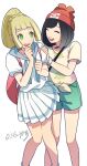  2girls :d backpack bag bangs beanie black_hair blonde_hair blunt_bangs braid closed_eyes commentary_request eyelashes floral_print green_eyes green_shorts happy hat knees_together_feet_apart lillie_(pokemon) long_hair multiple_girls open_mouth pink_bag pleated_skirt pokemon pokemon_(game) pokemon_sm ponytail selene_(pokemon) shirt short_sleeves shorts simple_background skirt smile teeth tied_shirt upper_teeth_only white_background white_shirt white_skirt y_(036_yng) yellow_shirt 