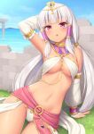  1girl arm_support arm_up armpits bangs blunt_bangs blush breasts circlet dancer dark-skinned_female dark_skin detached_sleeves egyptian_clothes facial_mark gold_choker harem_outfit highres jewelry long_hair long_sleeves looking_at_viewer low_twintails medium_breasts navel open_mouth original pink_eyes puffy_long_sleeves puffy_sleeves sasaame sitting solo twintails underboob usekh_collar white_hair yokozuwari 