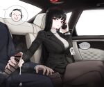  1boy 1girl absurdres arona&#039;s_sensei_doodle_(blue_archive) bangs bar_censor black_hair black_jacket black_pantyhose black_skirt blue_archive blunt_bangs breasts car_interior cellphone censored crossed_legs cum ejaculation formal handjob highres holding holding_phone jacket large_breasts long_hair long_sleeves looking_at_another mildt miniskirt motion_lines office_lady pantyhose parted_lips penis penis_out phone pleated_skirt red_eyes rio_(blue_archive) sensei_(blue_archive) sitting skirt smartphone steaming_body suit sweater very_long_hair white_sweater 