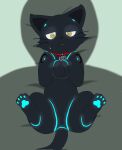  808_(hi-fi_rush) ambiguous_gender black_body blue_pawpads bodily_fluids collar domestic_cat felid feline felis feral hi_res looking_at_viewer lying machine mammal on_back pawpads robot shadow silhouette solo sunaneko_zeon sweat sweatdrop whiskers yellow_eyes 