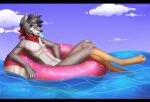  2018 anthro canid canine canis cloud ears_up eurikagray food footprint fur hair lying male mammal marcus_hunter mostly_nude pawprint pawprint_tattoo popsicle popsicle_in_mouth scarf scarf_only signature solo swim_ring tattoo water wide_eyed wolf 