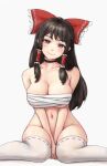  1girl bad_anatomy bangs bare_shoulders between_legs black_choker black_hair blush bottomless bow breasts choker cleavage closed_mouth feet_out_of_frame freckles frilled_hair_tubes frills hair_bow hair_tubes hakurei_reimu hand_between_legs head_tilt highres large_breasts long_hair looking_at_viewer navel no_panties nose_blush pink_eyes protected_link red_bow ribbon-trimmed_legwear ribbon_trim sarashi sidelocks simple_background sitting skindentation smile solo thighhighs touhou v_arms very_long_hair wariza white_background white_thighhighs yyf_(seaknight) 