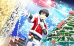  1boy belt black_eyes black_hair candy candy_cane christmas_ornaments christmas_tree food fuyumi_jun gift gloves highres holding holding_microphone_stand idolmaster idolmaster_side-m idolmaster_side-m_live_on_stage! looking_at_viewer male_focus microphone_stand official_alternate_costume official_art open_mouth smile star_(symbol) teeth upper_teeth_only white_gloves 
