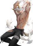  1boy absurdres arknights armpits arms_up bandaged_arm bandages bara beard bird blood closed_eyes cuts facial_hair feet_out_of_frame hair_wings hellagur_(arknights) highres injury large_pectorals long_hair looking_at_viewer male_focus mature_male mustache pants pectorals pigeon ribbon scar scar_on_stomach solo torn_clothes torn_pants white_hair wind yellow_eyes yuyuyu11 