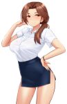  1girl bangs black_skirt blush breasts closed_mouth collared_shirt contrapposto cowboy_shot hair_over_one_eye hand_on_hip hand_up high-waist_skirt highres idolmaster idolmaster_cinderella_girls kawashima_mizuki large_breasts long_hair looking_at_viewer low_ponytail miniskirt orange_eyes parted_bangs shirt short_sleeves simple_background skirt smile solo tomajiyama watch white_background white_shirt wristwatch 