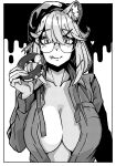  1girl :p absurdres animal_ear_fluff animal_ears arknights breasts cleavage closed_mouth doughnut eating food food_on_face glasses greyscale hair_ornament hairclip heart highres holding holding_food kumamu large_breasts long_sleeves looking_at_viewer monochrome no_bra official_alternate_costume open_clothes open_shirt round_eyewear short_hair smile solo tilted_headwear tongue tongue_out two-tone_background utage_(arknights) utage_(disguise)_(arknights) 