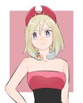  1girl bangs blonde_hair closed_mouth collar collarbone commentary_request frown grey_eyes hair_between_eyes hairband harb_genzai highres irida_(pokemon) looking_at_viewer medium_hair pokemon pokemon_(game) pokemon_legends:_arceus red_hairband shirt solo strapless strapless_shirt upper_body 