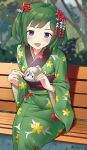  bangs fire_emblem fire_emblem_fates food green_hair green_kimono hair_ornament highres holding holding_food igni_tion japanese_clothes kana_(female)_(fire_emblem) kana_(fire_emblem) kimono looking_at_viewer midori_(fire_emblem) mochi open_mouth outdoors purple_eyes short_twintails sitting_on_bench twintails yukata 