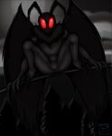  anthro arthropod bulge claws cryptid fluffy frostycube hi_res humanoid insect lepidopteran looking_at_viewer male moon moth mothman neck_tuft red_eyes solo talons thick_thighs tuft wings 