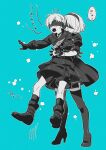  1boy 1girl aqua_background belt_buckle blindfold blush boots buckle closed_mouth dress full_body gloves hairband hetero high_heel_boots high_heels hug hug_from_behind juliet_sleeves kneehighs long_sleeves monochrome nier:automata nier_(series) nikomi_(nikomix) open_mouth puffy_sleeves short_hair shorts simple_background socks speech_bubble teeth thigh_boots upper_teeth_only v-neck yorha_no._2_type_b yorha_no._9_type_s zettai_ryouiki 