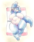  angstrom anthro bedding big_breasts blanket blush breasts eyes_closed featureless_breasts female generation_1_pokemon genitals horn huge_breasts huge_thighs lying multicolored_body navel nidoqueen nintendo nude on_back pokemon pokemon_(species) pussy slightly_chubby smile solo thick_thighs two_tone_body 