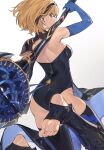  1girl armor ass back blonde_hair bridal_gauntlets brown_eyes djeeta_(granblue_fantasy) feet from_behind granblue_fantasy hairband hashibiro_kou_(garapiko_p) holding holding_staff looking_at_viewer looking_back no_shoes pauldrons short_hair shoulder_armor simple_background single_pauldron soles solo staff stirrup_legwear thighhighs toe_scrunch toeless_legwear toenails toes 