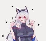  animal_ears arknights bare_shoulders breasts cat_ears commentary_request fake_animal_ears hair_between_eyes hands_up highres huge_breasts long_hair looking_at_viewer open_mouth red_eyes short_sleeves skadi_(arknights) tsume3mai upper_body very_long_hair white_hair 