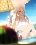  1girl abigail_williams_(fate) abigail_williams_(swimsuit_foreigner)_(fate) abigail_williams_(swimsuit_foreigner)_(third_ascension)_(fate) absurdres bangs bare_shoulders beach beach_umbrella bikini blonde_hair blue_eyes blue_sky blush bonnet bow breasts eating fate/grand_order fate_(series) food forehead hair_bow highres jing_rui_ovo long_hair looking_at_viewer miniskirt open_mouth parted_bangs sidelocks sitting skirt sky small_breasts solo swimsuit takoyaki thighs twintails umbrella very_long_hair white_bikini white_bow white_headwear 