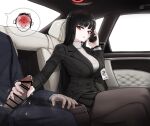  1boy 1girl absurdres arona&#039;s_sensei_doodle_(blue_archive) bangs bar_censor black_hair black_jacket black_pantyhose black_skirt blue_archive blunt_bangs breasts car_interior cellphone censored crossed_legs formal handjob highres holding holding_phone jacket large_breasts long_hair long_sleeves looking_at_penis mildt miniskirt motion_lines office_lady pantyhose parted_lips penis penis_out phone pleated_skirt precum red_eyes rio_(blue_archive) sensei_(blue_archive) sitting skirt smartphone steaming_body suit sweater very_long_hair white_sweater 