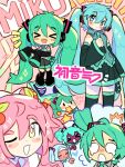  &gt;_&lt; 5girls alternate_skin_color bangs bare_shoulders black_skirt blank_eyes blue_eyes blue_hair blush breasts character_name character_request closed_eyes closed_mouth commentary dark-skinned_female dark_skin detached_sleeves english_commentary full_body game_boy green_hair hair_ornament handheld_game_console hatsune_miku headphones highres hijab long_hair long_sleeves looking_at_viewer multiple_girls necktie one_eye_closed open_mouth pink_background pink_hair pleated_skirt sharpycharot skirt sleeves_past_fingers sleeves_past_wrists smile spring_onion standing star_(symbol) tears thighhighs twintails very_long_hair vocaloid yellow_eyes 