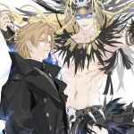  2boys arms_at_sides aztec black_coat blonde_hair blue_eyes braid character_request coat fate/grand_order fate_(series) feet_out_of_frame floating juer1004 long_hair looking_at_viewer male_focus multiple_boys navel simple_background skull smile tezcatlipoca_(third_ascension)_(fate) twin_braids white_background 