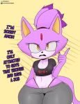  2022 anonymous_artist anthro berkthejerk black_clothing black_nose black_shirt black_topwear blaze_the_cat bottomwear breasts chest_tuft cleavage clothed clothed_anthro clothed_female clothing crop_top domestic_cat edit eyelashes felid feline felis female female_anthro forehead_gem front_view fur grey_bottomwear grey_clothing grey_pants hair hi_res looking_at_viewer mammal midriff panties pants ponytail portrait purple_body purple_fur rejection sega shirt solo sonic_the_hedgehog_(series) standing text text_on_clothing text_on_shirt text_on_topwear thick_thighs thong thong_straps three-quarter_portrait topwear tuft underwear wide_hips yellow_eyes 