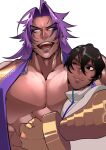  2boys arjuna_(fate) arm_around_neck bara bhima_(fate) brothers dark-skinned_male dark_skin fate/grand_order fate_(series) gauntlets gold_trim highres large_pectorals long_hair male_focus multiple_boys muscular muscular_male pectoral_squeeze pectorals purple_eyes purple_hair purple_vest shiba_ten siblings simple_background smile solo thick_eyebrows upper_body very_long_hair vest 