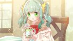  1girl :o absurdres bangs blunt_bangs blush brown_scarf chair cup dot_nose fur_scarf futaba_sana futaba_sana_(winter_costume) green_eyes hair_ornament hair_scrunchie highres holding holding_cup long_sleeves looking_at_viewer magia_record:_mahou_shoujo_madoka_magica_gaiden mahou_shoujo_madoka_magica medium_hair megitti mug official_alternate_costume open_mouth red_ribbon ribbed_sweater ribbon scarf scrunchie sidelocks solo steam sweater twintails upper_body wavy_hair white_sweater yellow_scrunchie 