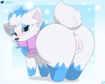  anus big_butt blush body_blush butt clothing cloufy cute_expression digital_media_(artwork) female feral fur generation_5_pokemon genitals hi_res looking_at_viewer looking_back male mammal nintendo nude pokemon pokemon_(species) pussy pussy_blush scarf simple_background solo tail white_body zorua 